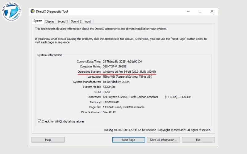 Cửa sổ DirectX Diagnostic Tool